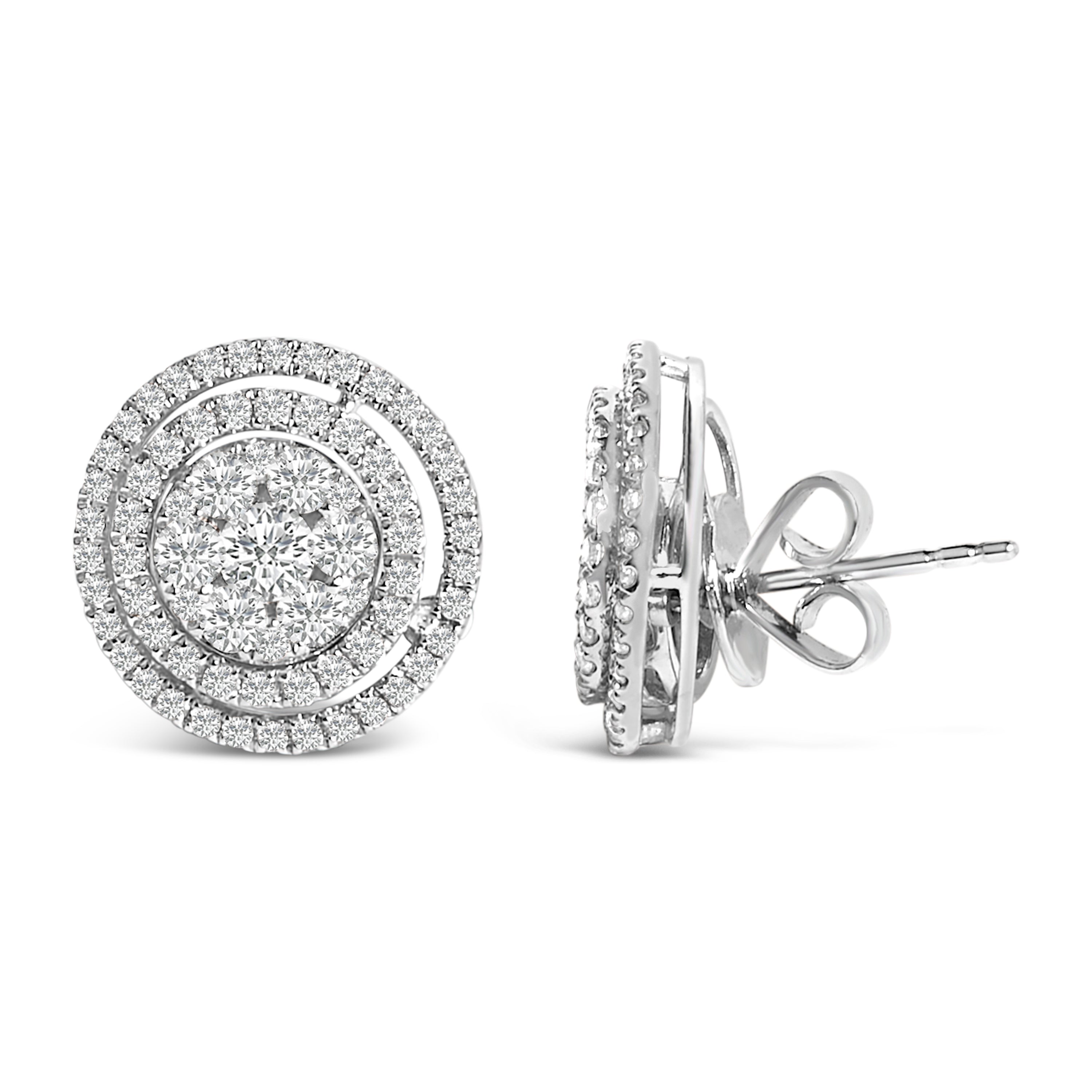 14K Gold 1 3/8 Cttw Diamond Cluster and Double Halo Stud Earring (G-H Color, SI1-SI2 Clarity)