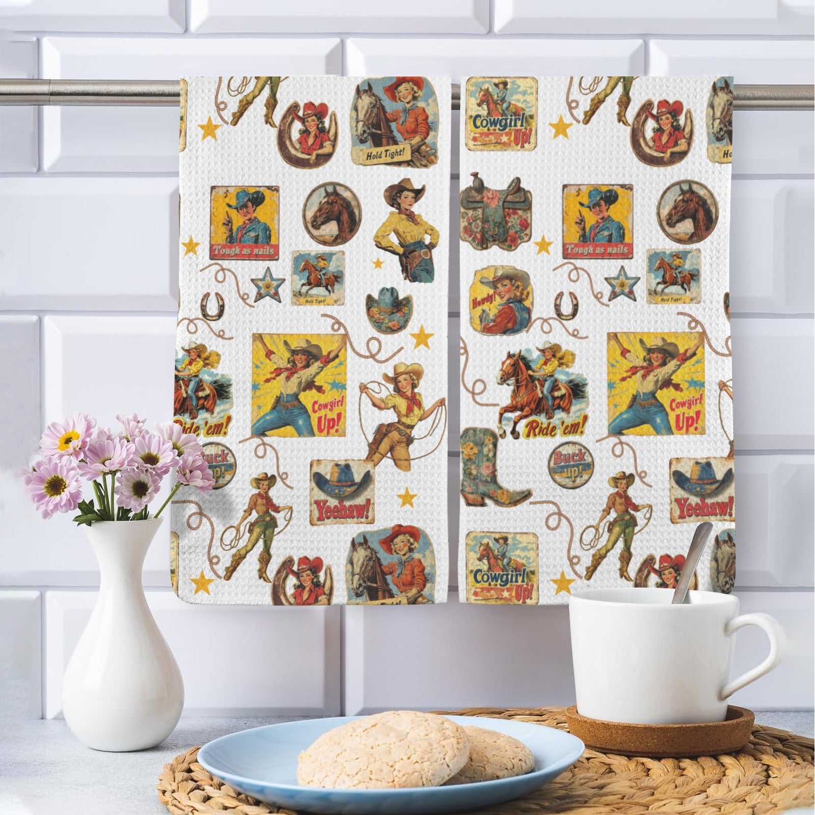 Baha Ranch Vintage Cowgirl Collage Dish Towels Set of 2 Made in America