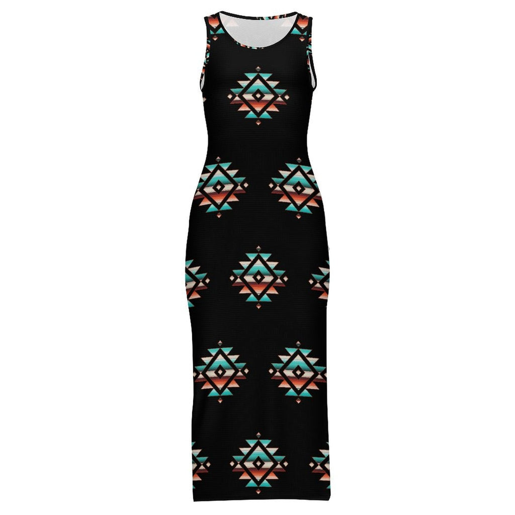 Baha Ranch Southwestern Aztec Sleeveless Bodycon Side Slit Western Maxi Dress