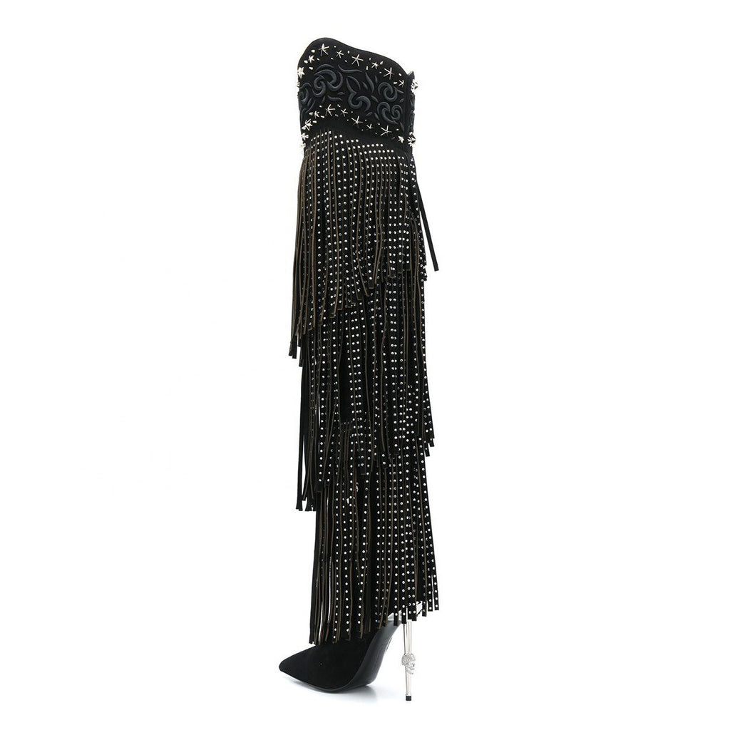 Vintage Crystal Embellished Fringe Overknee Boots Winter Pointed Toe Thigh High Cowboy Boots Design Metal High Heels Party Shoes