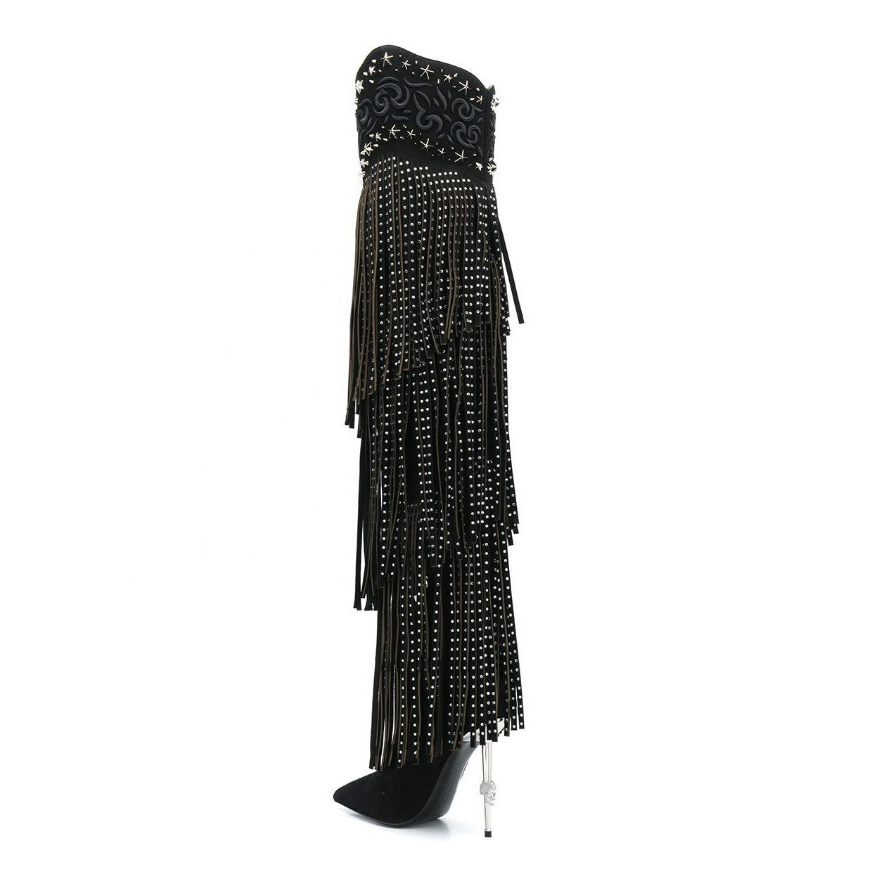 Vintage Crystal Embellished Fringe Overknee Boots Winter Pointed Toe Thigh High Cowboy Boots Design Metal High Heels Party Shoes