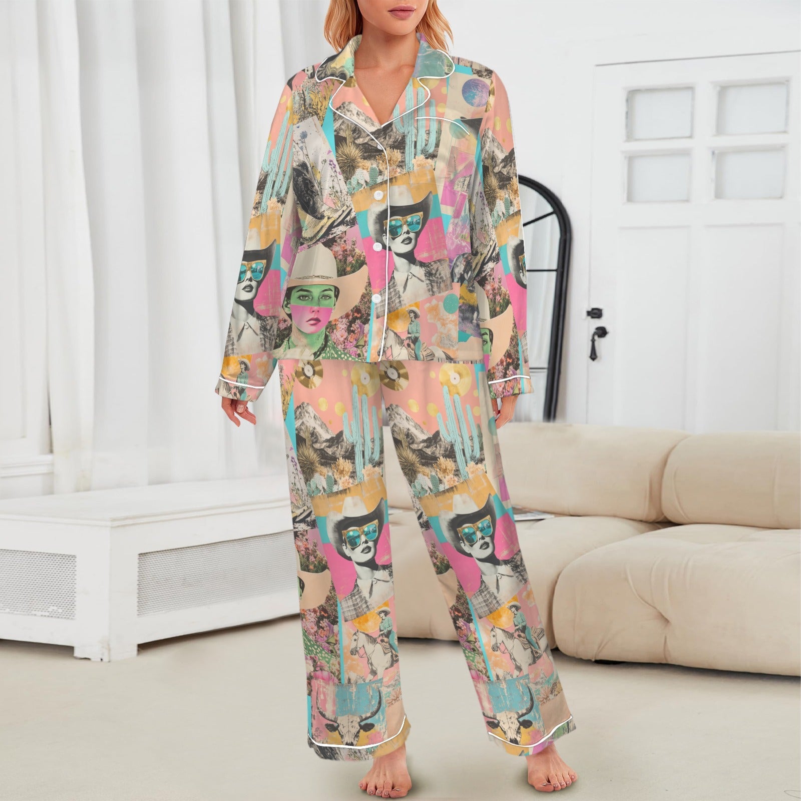 Baha Ranch Pop Western Collage Cowgirl Satin Pajamas