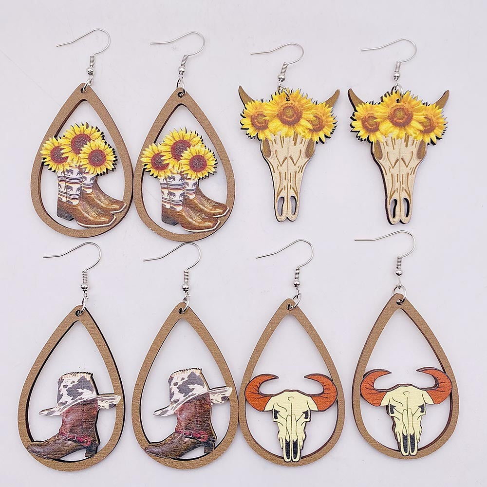 Western Cowboy Wooden Earrings Sunflower Cowhead Boots Pattern Hollow Earrings European and American Earrings