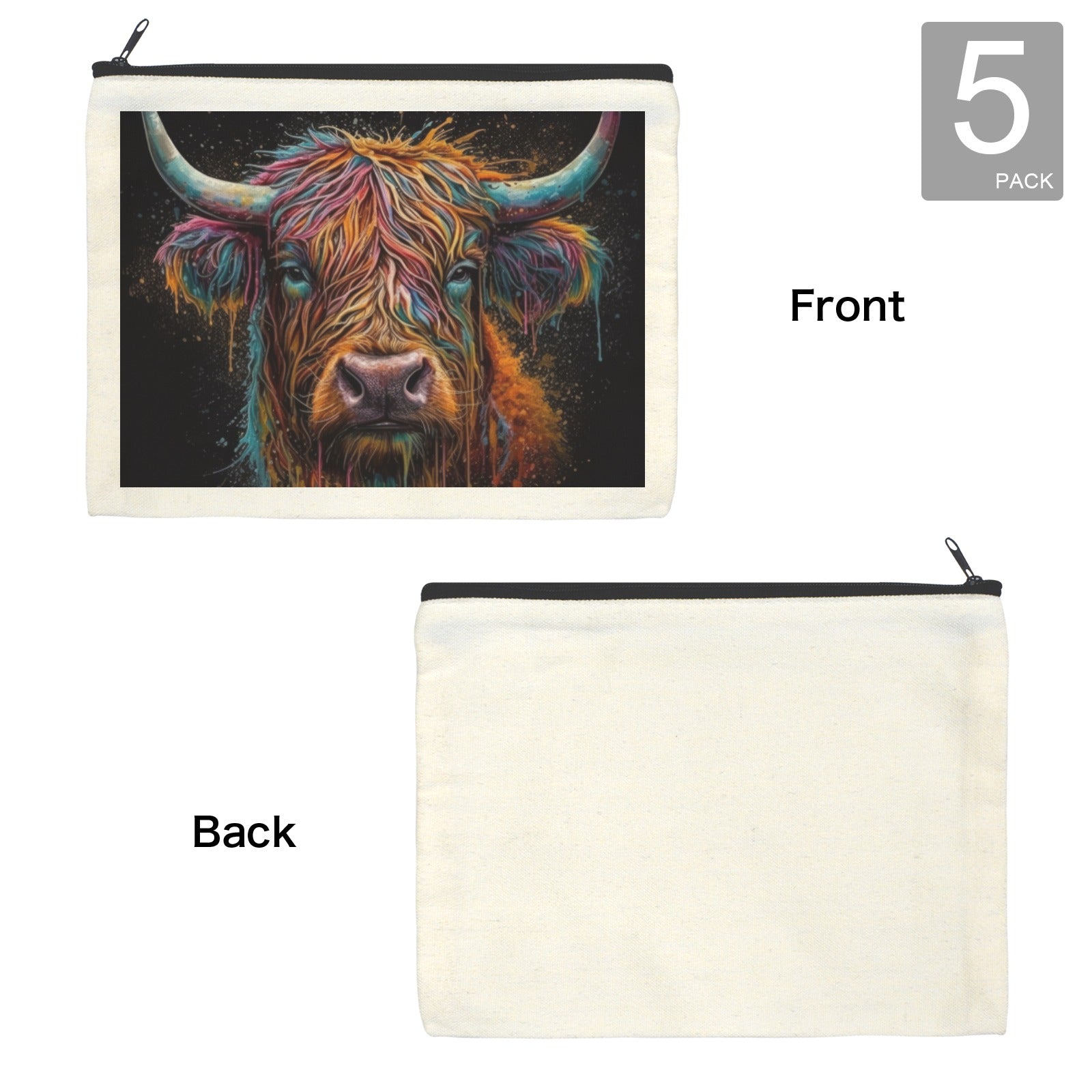 Baha Ranch Painted Highland Cow Cosmetic Bag Pack of 5 Made in America