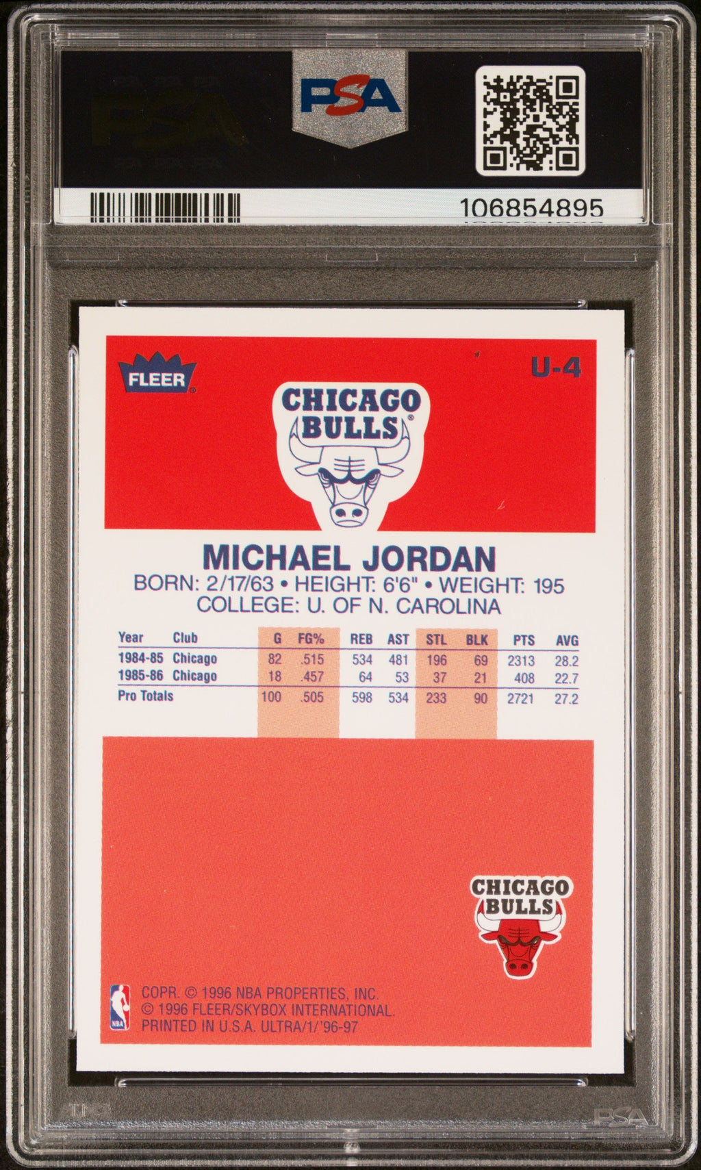 Graded 1996 Fleer Ultra Michael Jordan #U4 Decade Of Excellence Rookie Reprint Basketball Card PSA 10 Gem Mint
