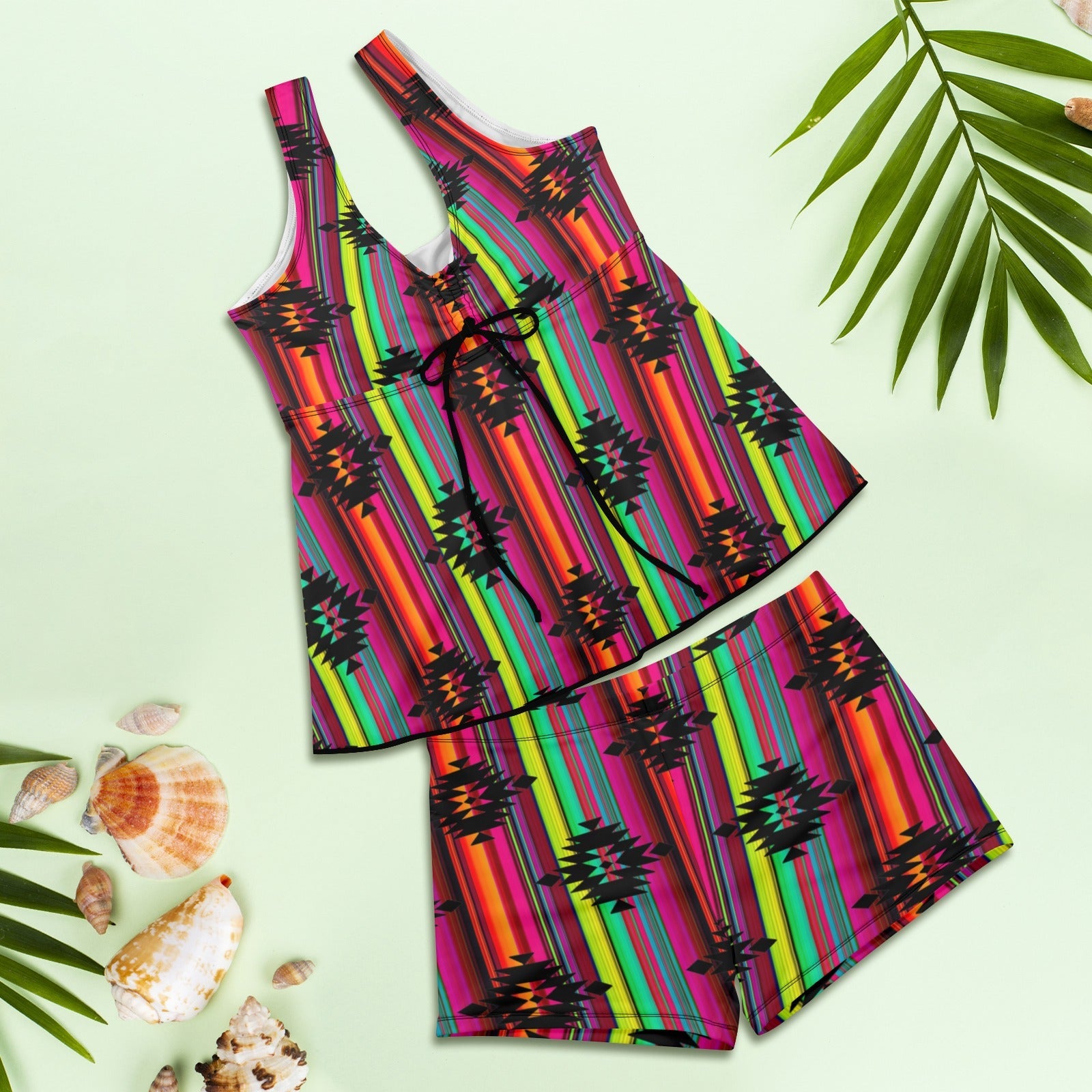 Baha Ranch Neon Aztec Tankini & Boy Shorts Swim Set