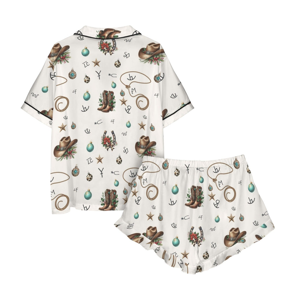 Baha Ranch Boots and Brands Western Cowgirl Cowboy Satin Short Pajama Sets