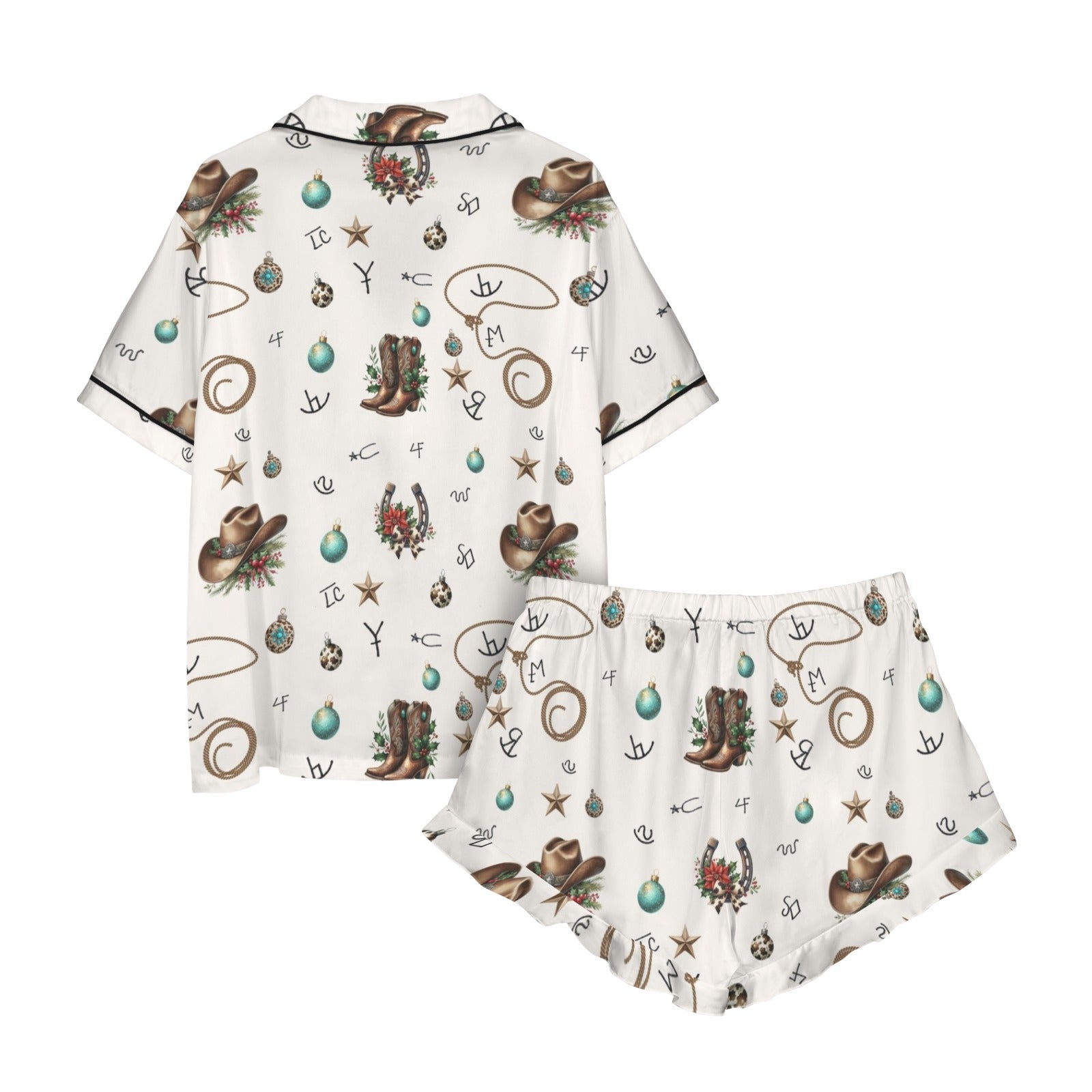 Baha Ranch Boots and Brands Western Cowgirl Cowboy Satin Short Pajama Sets