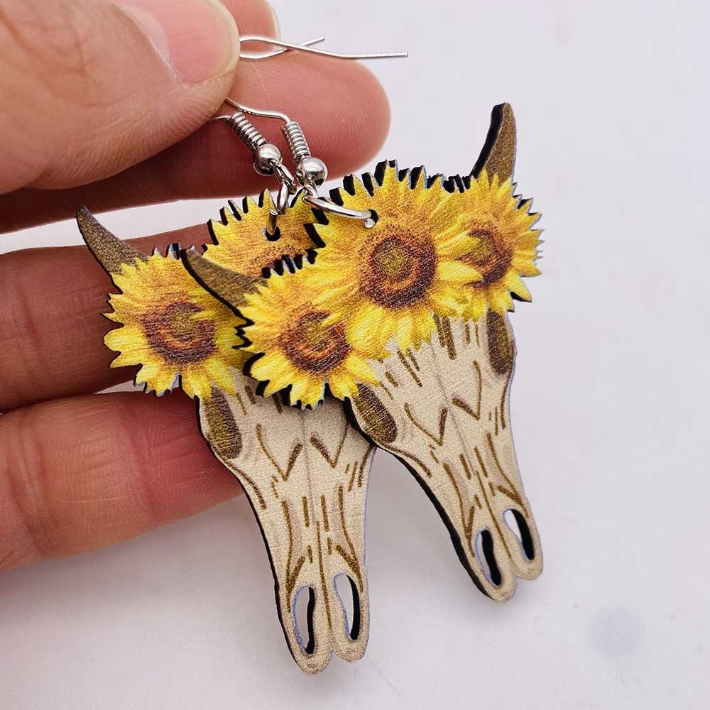 Western Cowboy Wooden Earrings Sunflower Cowhead Boots Pattern Hollow Earrings European and American Earrings