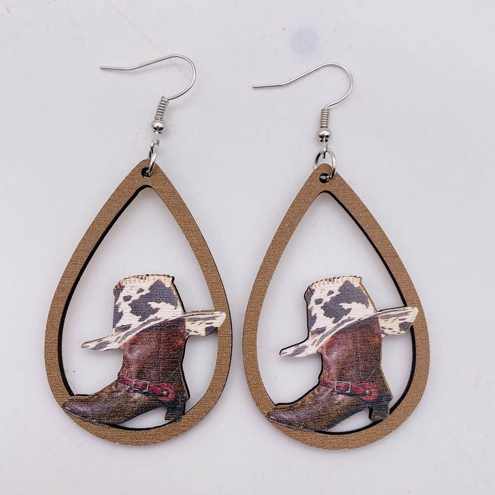 Western Cowboy Wooden Earrings Sunflower Cowhead Boots Pattern Hollow Earrings European and American Earrings