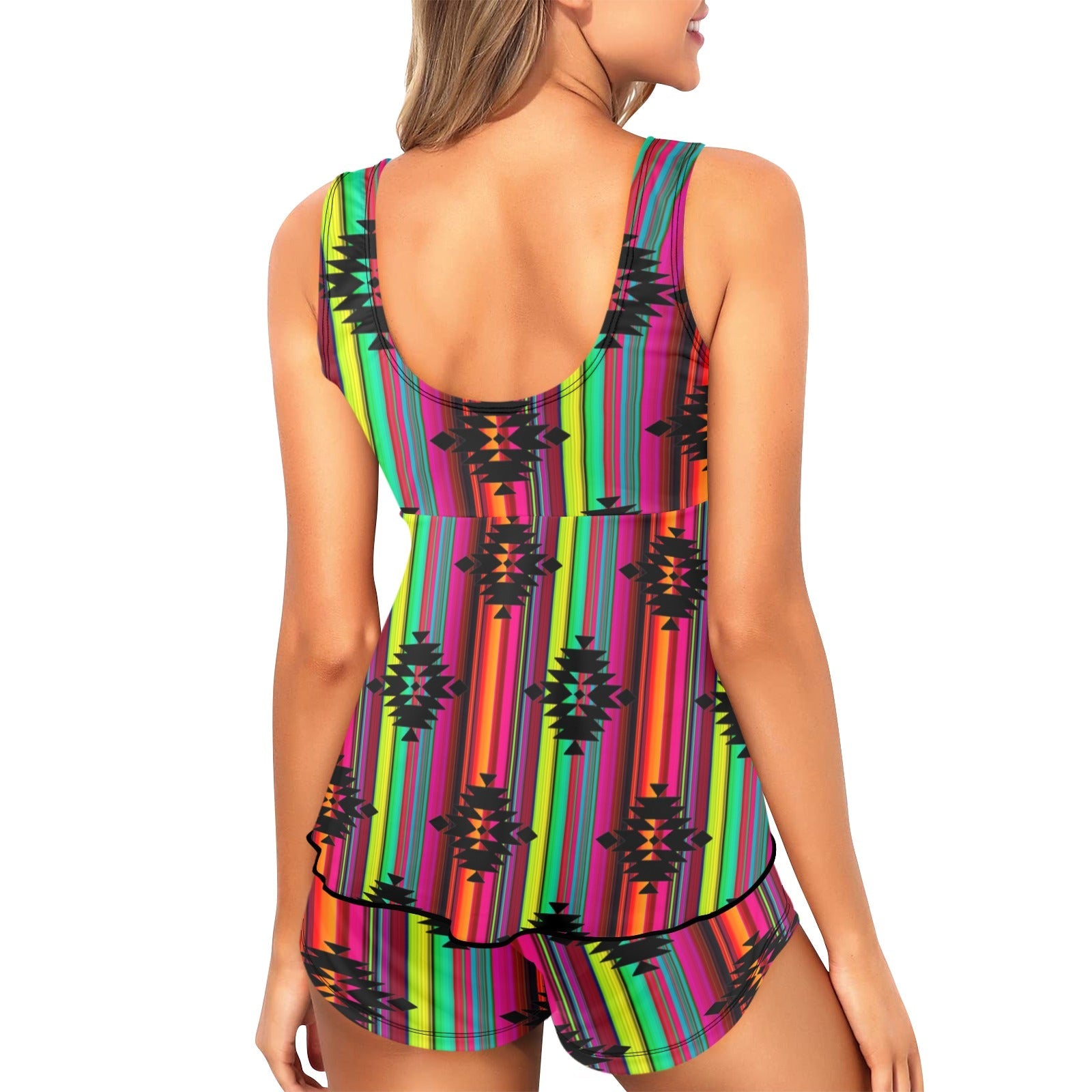 Baha Ranch Neon Aztec Tankini & Boy Shorts Swim Set