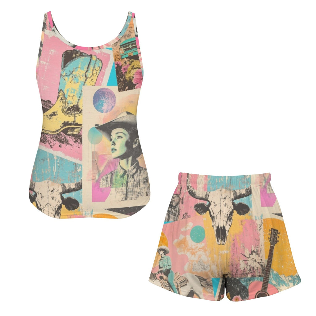 Baha Ranch Pop Western Collage Pajama Lounge Tank Shorts Set Made in America