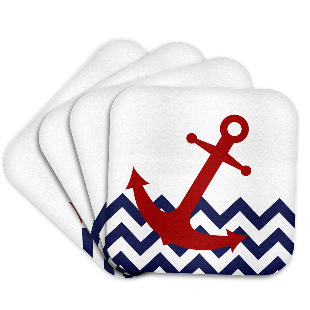 3dRose Janna Salak Designs Nautical - Red Nautical Boat Anchor on Chevron Pattern - Coasters (cst_165791)
