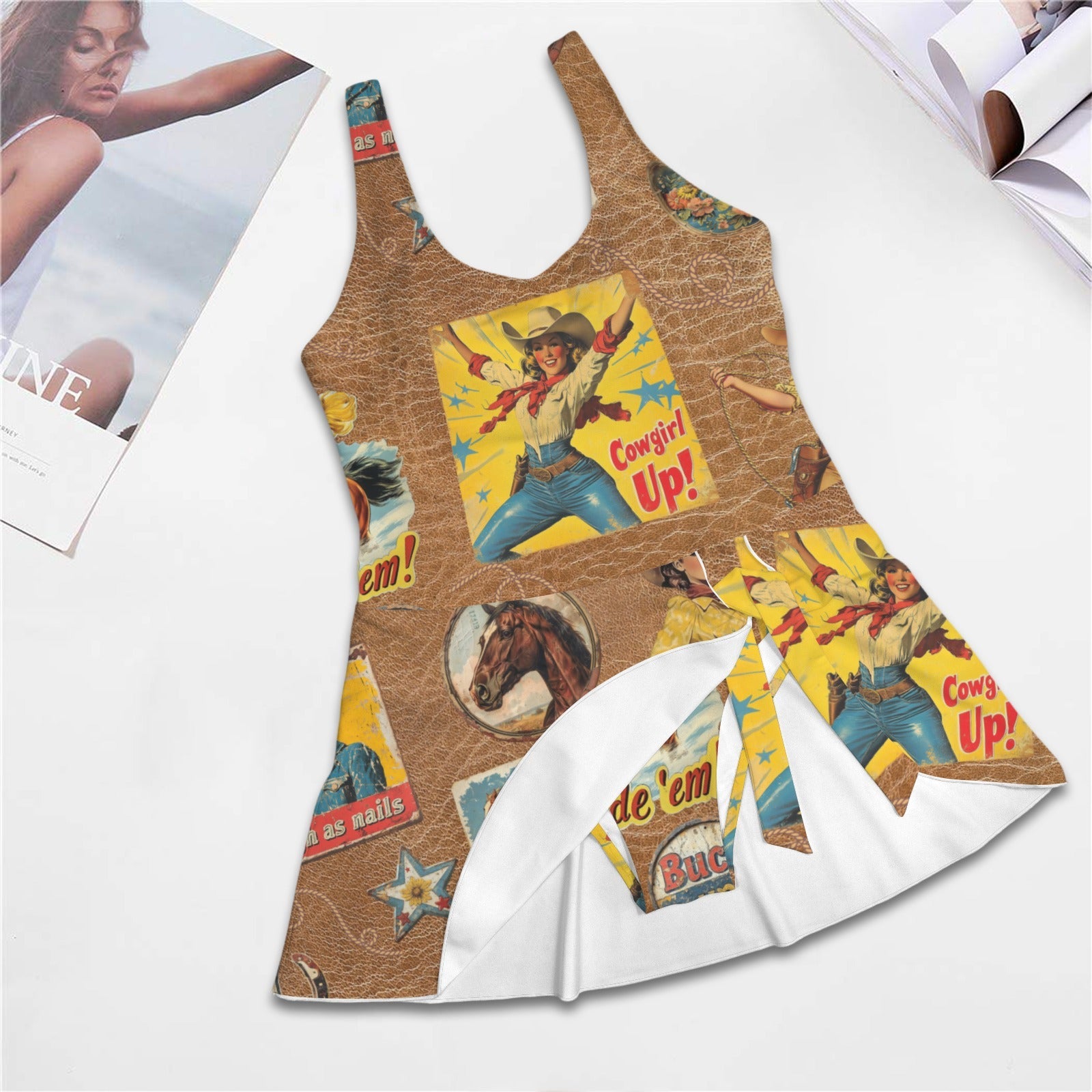 Baha Ranch Vintage Cowgirl Collage Skirted Swim Suit
