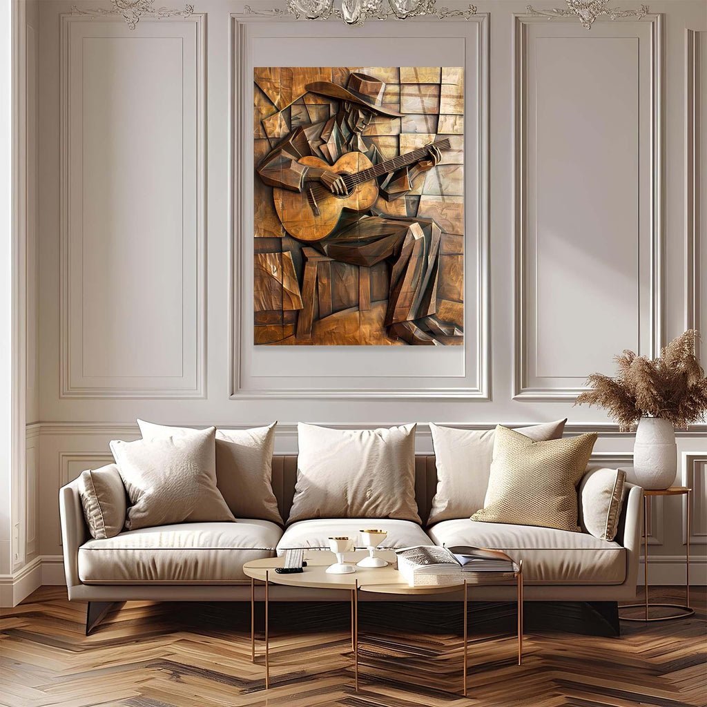 Cubist Guitarist Tempered Glass Wall Art | Modern Rustic Decor