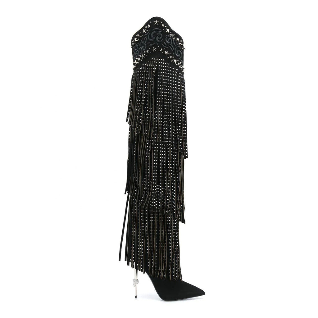 Vintage Crystal Embellished Fringe Overknee Boots Winter Pointed Toe Thigh High Cowboy Boots Design Metal High Heels Party Shoes