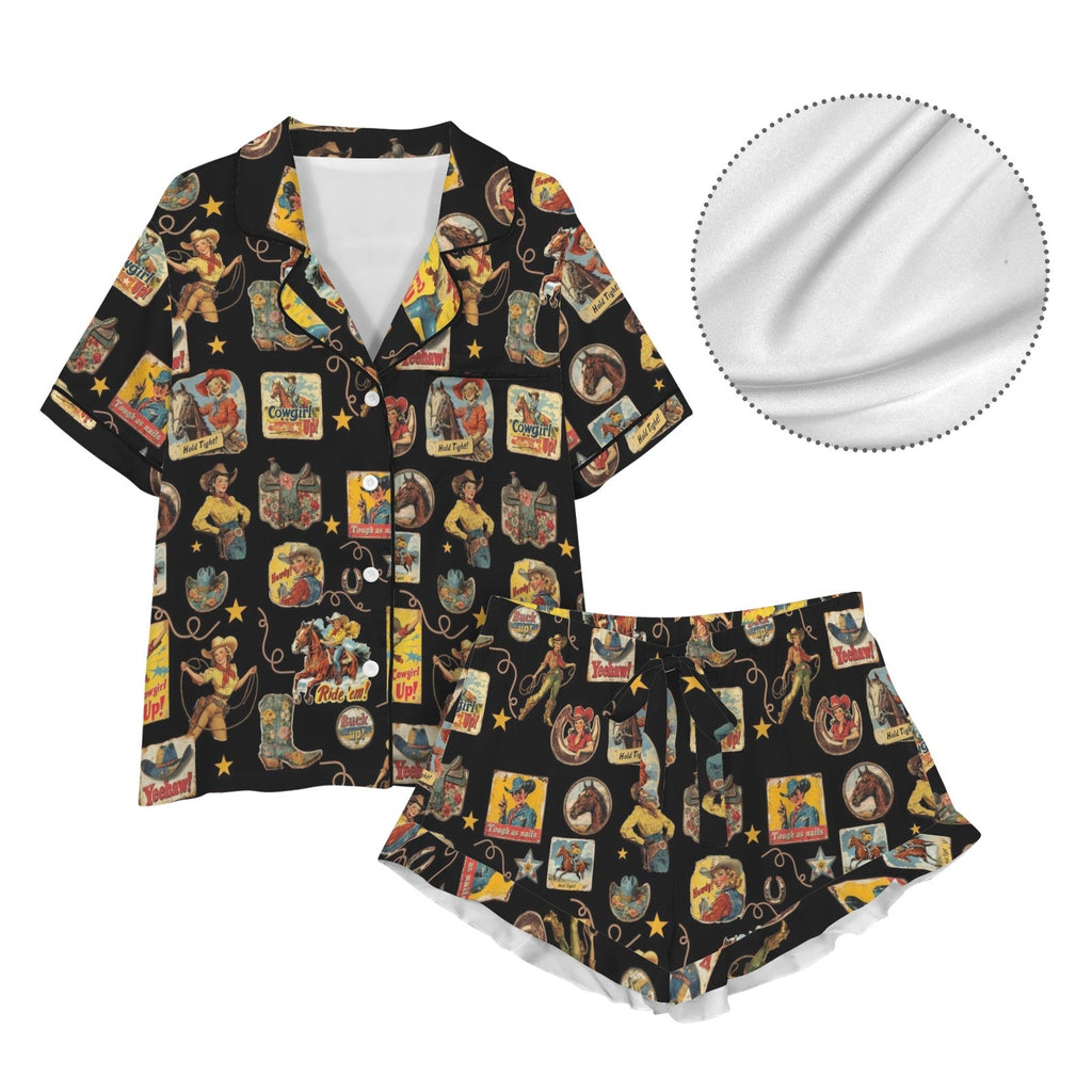 Baha Ranch Vintage Cowgirl Collage Western Ruffle Satin Pajama Set