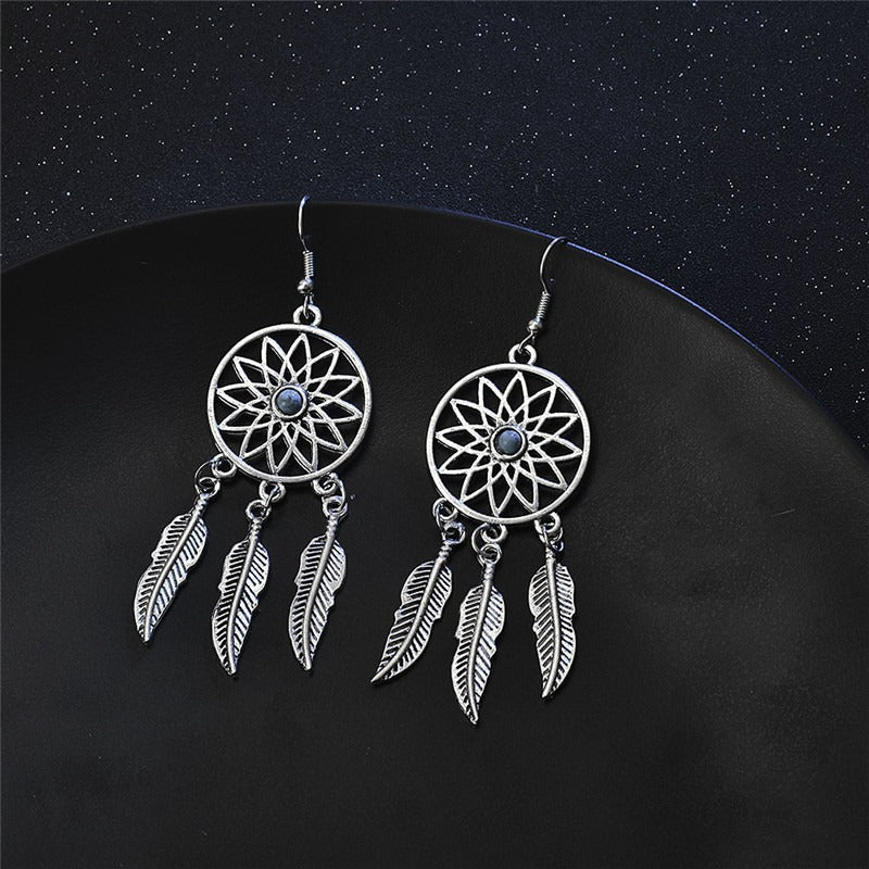 Dream Catcher Feather Turquoise Drop Earrings