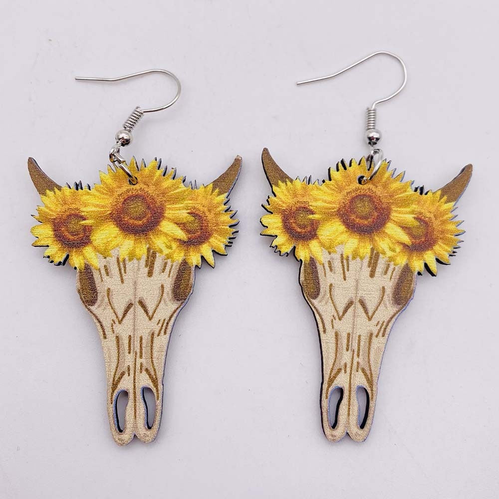 Western Cowboy Wooden Earrings Sunflower Cowhead Boots Pattern Hollow Earrings European and American Earrings