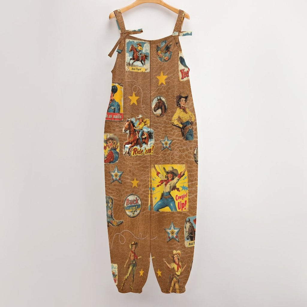 Baha Ranch Vintage Cowgirl Collage Overalls Jumpsuit