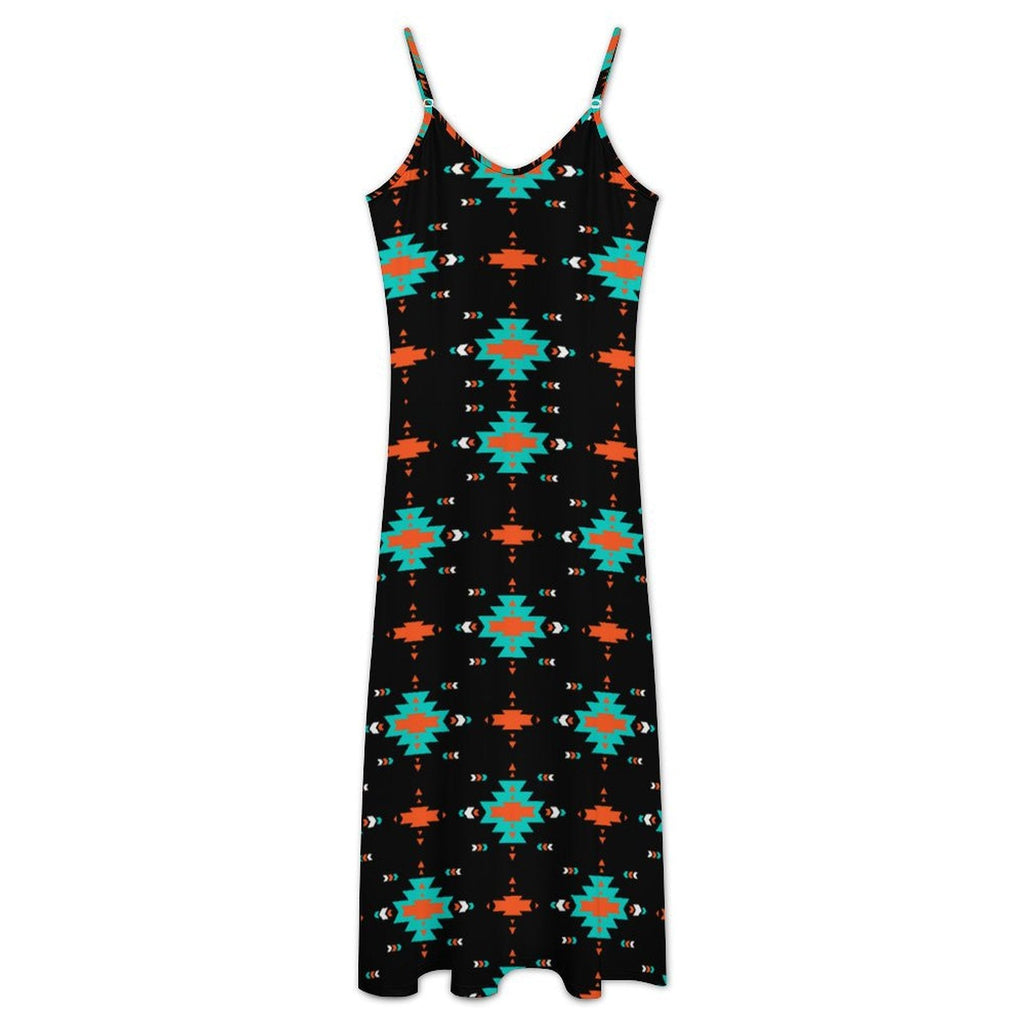 Baha Ranch Turquoise Orange Aztec Western Maxi Dress