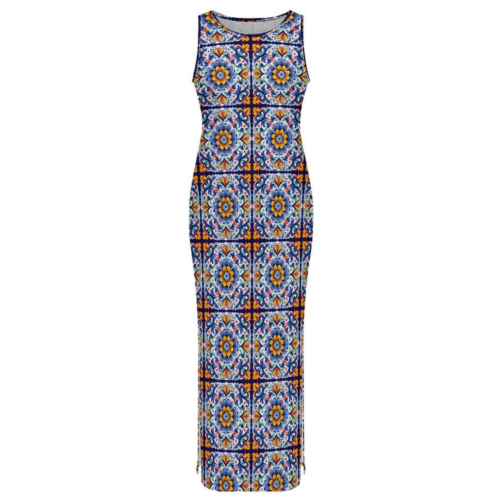 Baha Ranch Colores de Mexico Talavera Sleeveless Bodycon Side Slit Long Dress