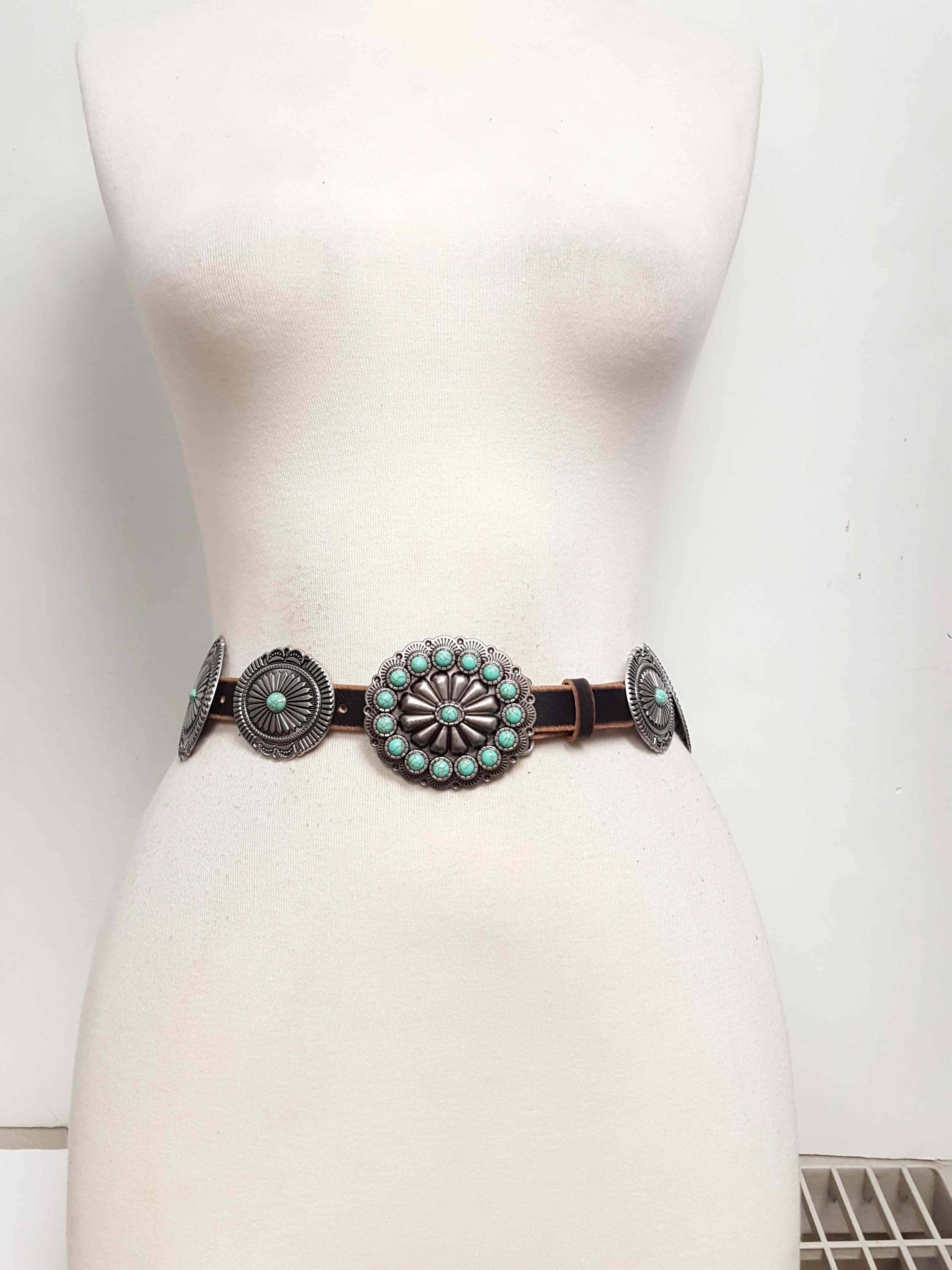 Genuine Distressed Leather Western Concho Belt with Faux Turquoise Stone Buckle