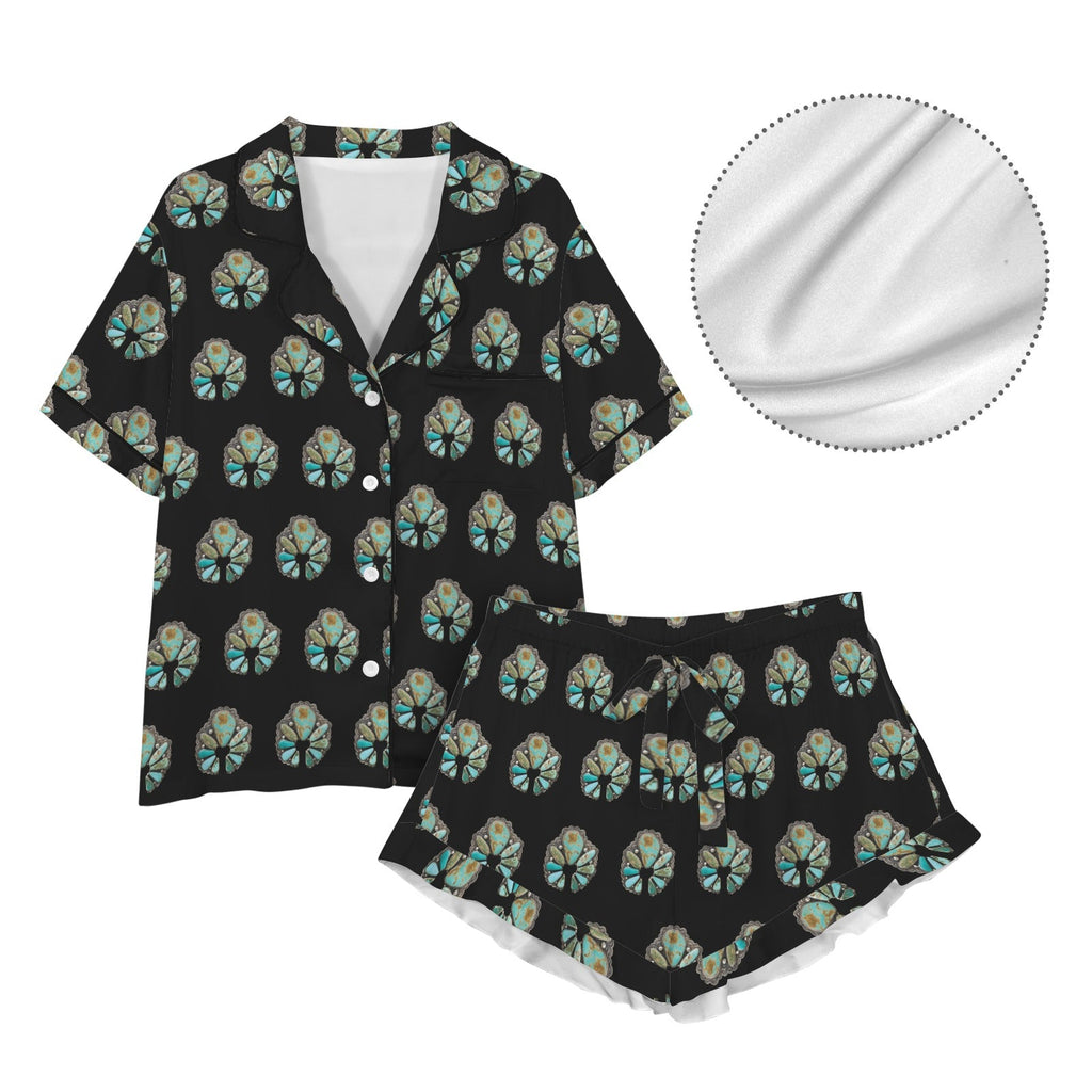 Baha Ranch Turquoise Naja Black Western Satin Pajama set
