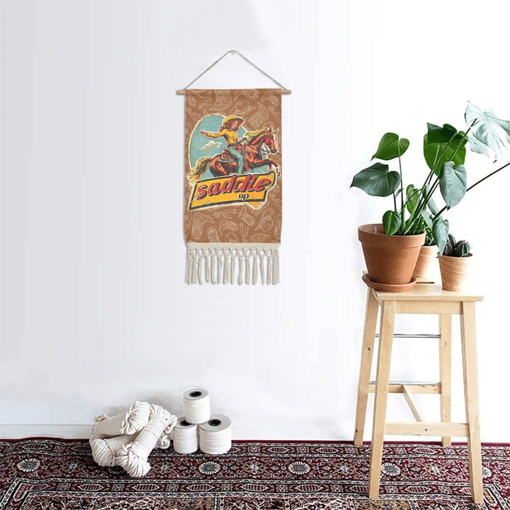 Baha Ranch Saddle Up Western Wall Decor Linen Hanging Poster with Fringe Made in America