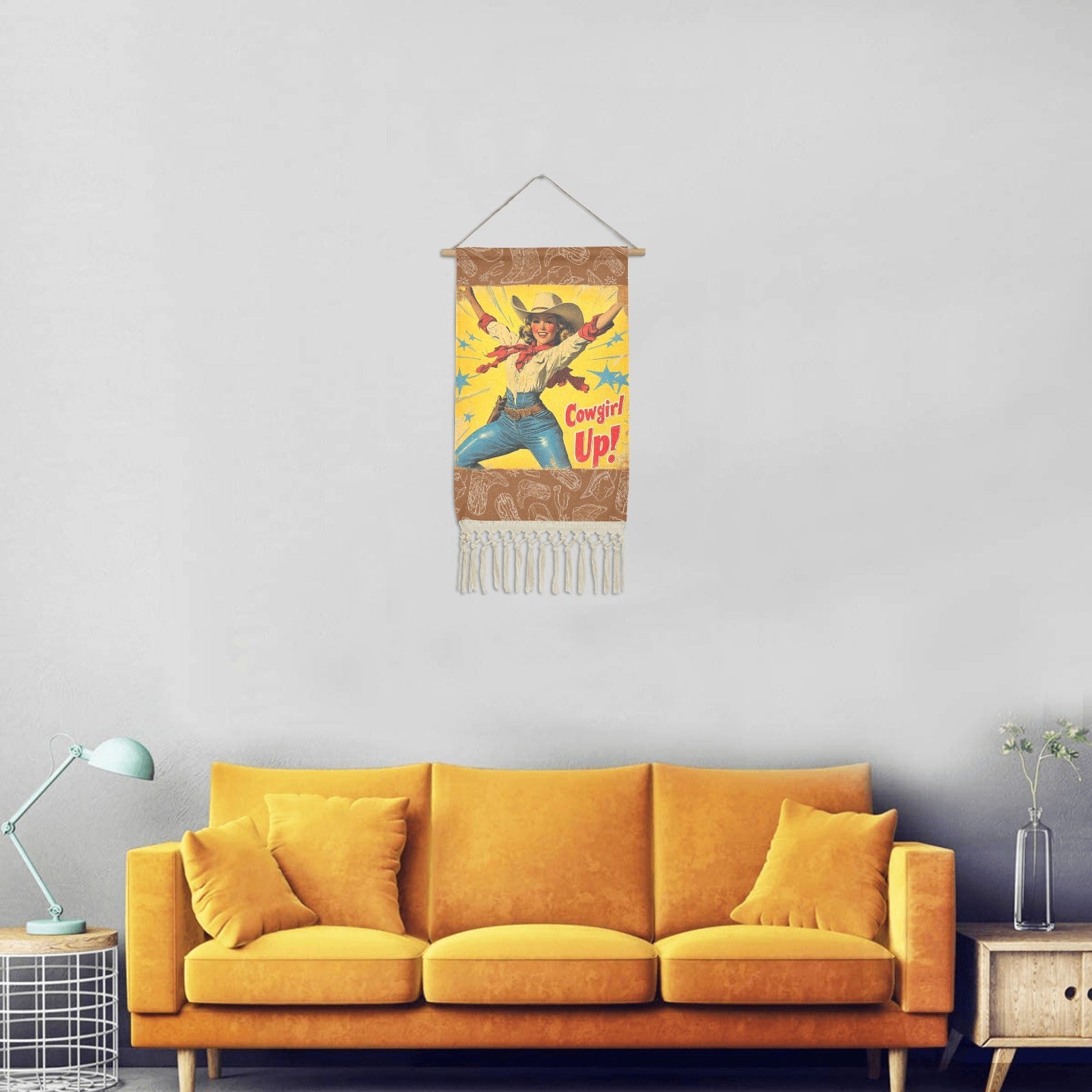 Baha Ranch Cowgirl Up Vintage Western Wall Decor Linen Hanging Poster with Fringe Made in America