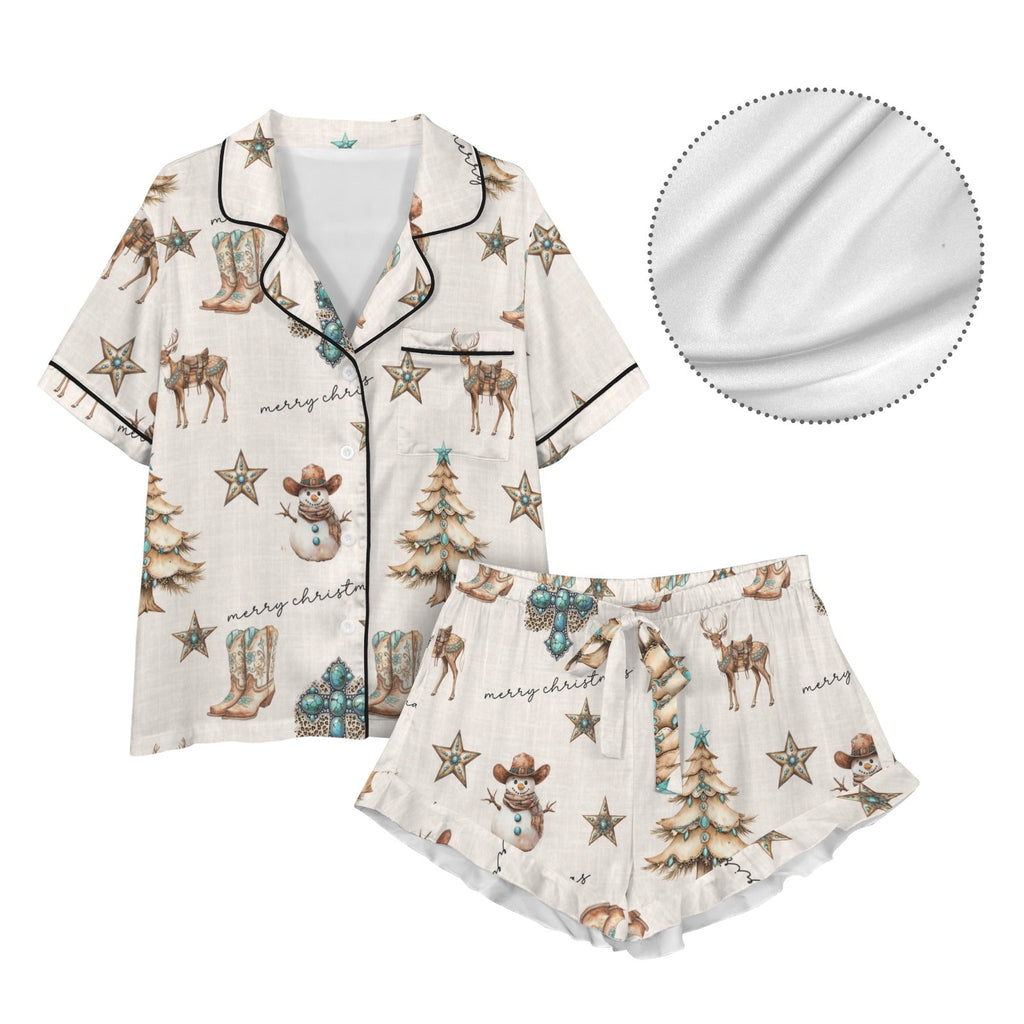 Baha Ranch Christmas Spirit Cowgirl Western Cowboy Satin Short Pajama Sets
