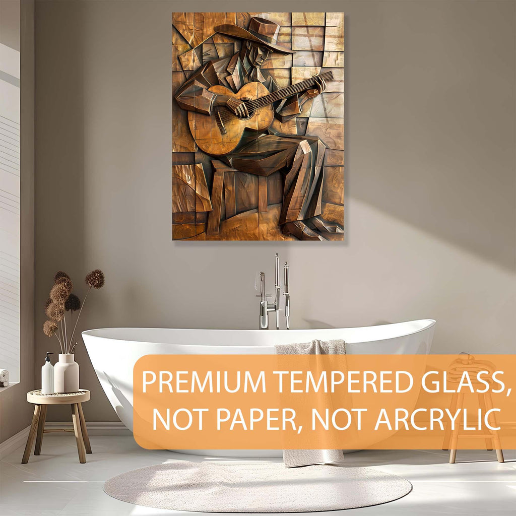 Cubist Guitarist Tempered Glass Wall Art | Modern Rustic Decor