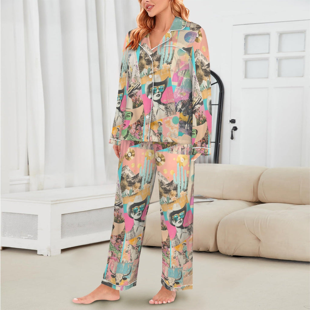 Baha Ranch Pop Western Collage Cowgirl Satin Pajamas