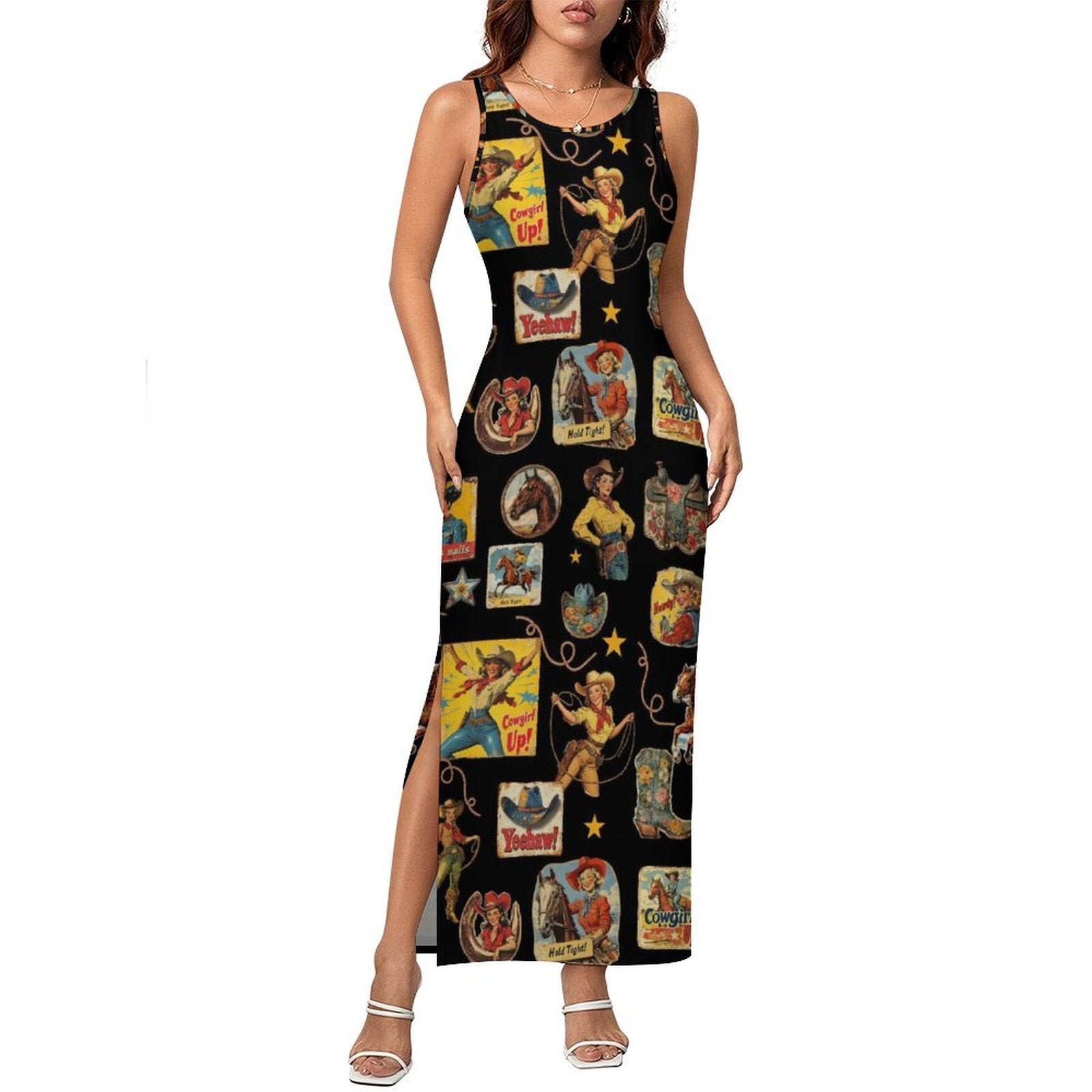 Baha Ranch Vintage Cowgirl Collage Sleeveless Bodycon Side Slit Long Dress