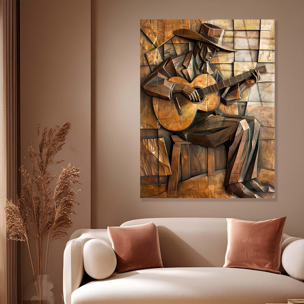 Cubist Guitarist Tempered Glass Wall Art | Modern Rustic Decor