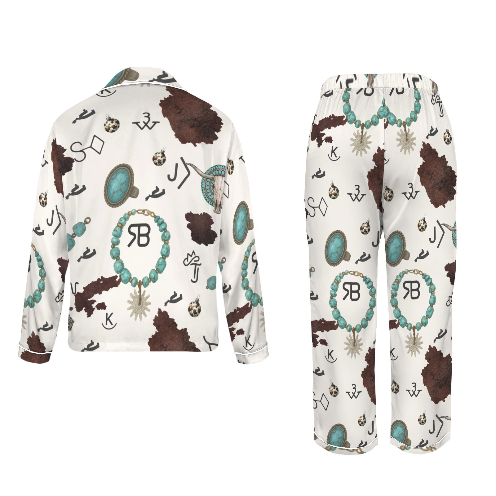 Baha Ranch Brands & Turquoise Cowgirl Christmas Western Cowprint Satin Pajamas