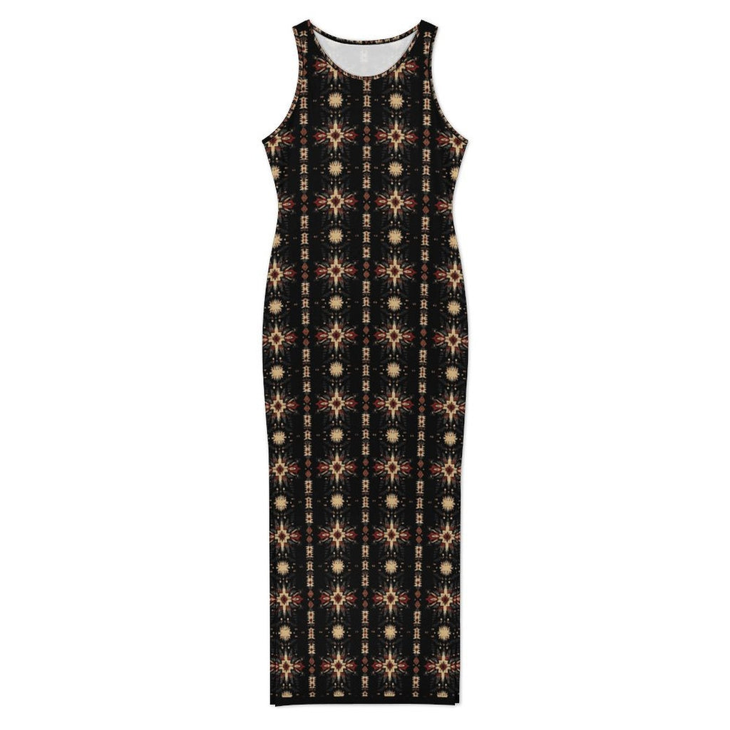 Baha Ranch Black and Tan Aztec Sleeveless Bodycon Side Slit Maxi Dress