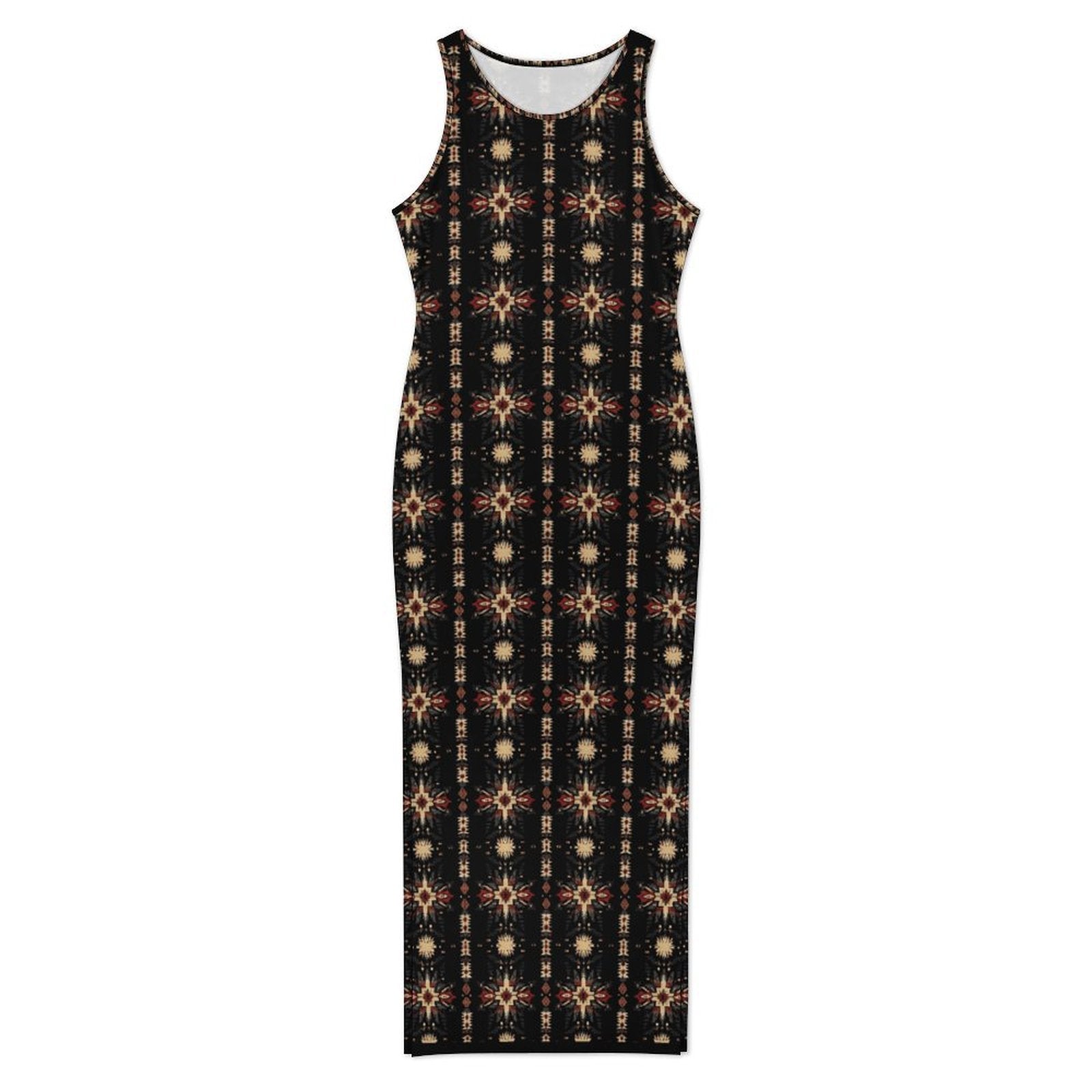 Baha Ranch Black and Tan Aztec Sleeveless Bodycon Side Slit Maxi Dress
