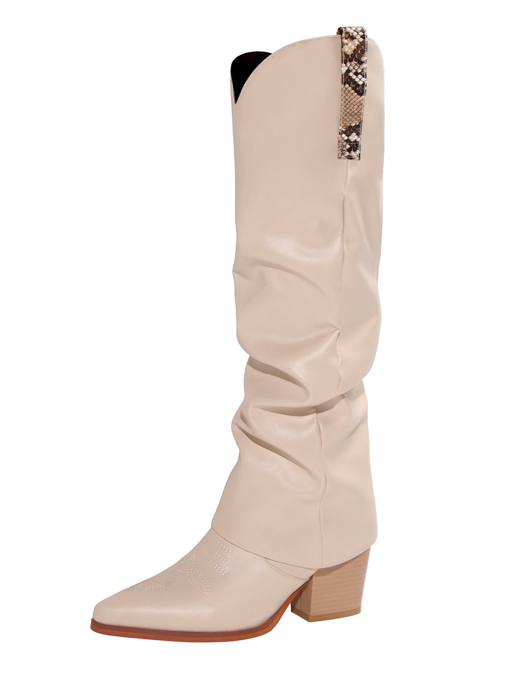 Embroidery Pointed Toe Western Cowboy Boots For Women Pleated Leather Knee High Shoes Chunky Square Heels