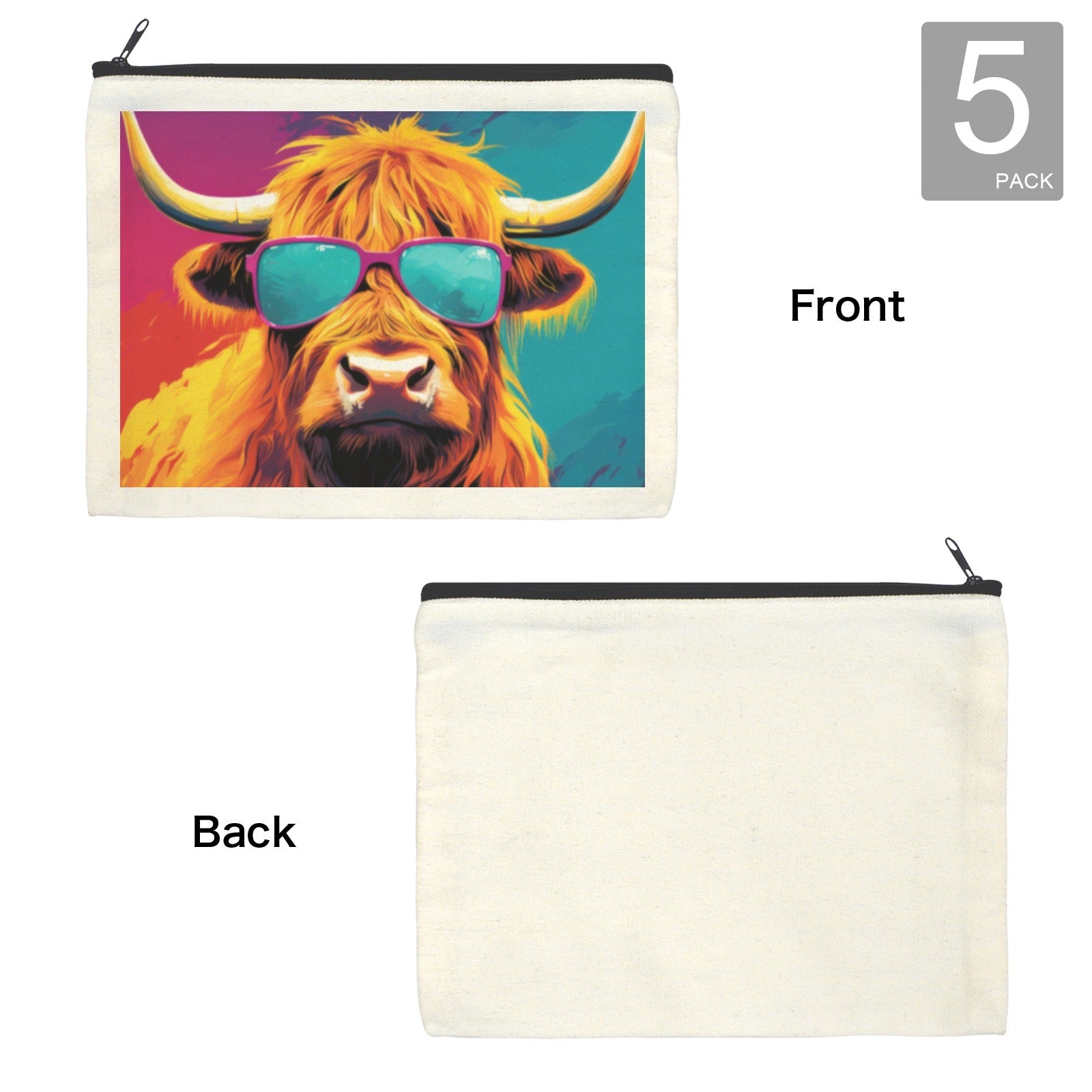 Baha Ranch Cool Highland Cow Cosmetic Bag Pack of 5 Made in America