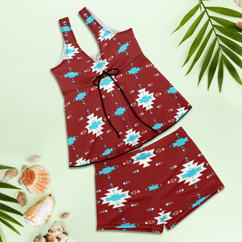 Baha Ranch Burgandy Aztec Tankini & Boy Shorts Swim Set
