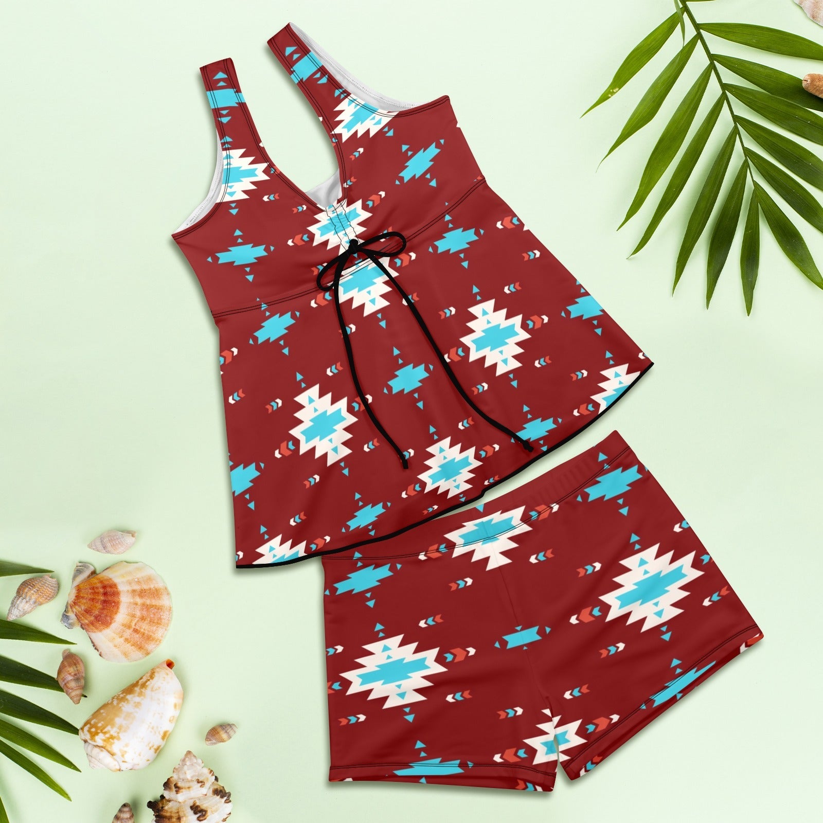 Baha Ranch Burgandy Aztec Tankini & Boy Shorts Swim Set