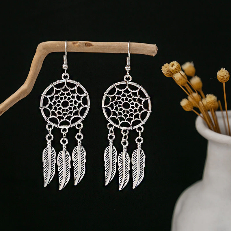 Boho Dream Catcher Feather Tassel Earrings