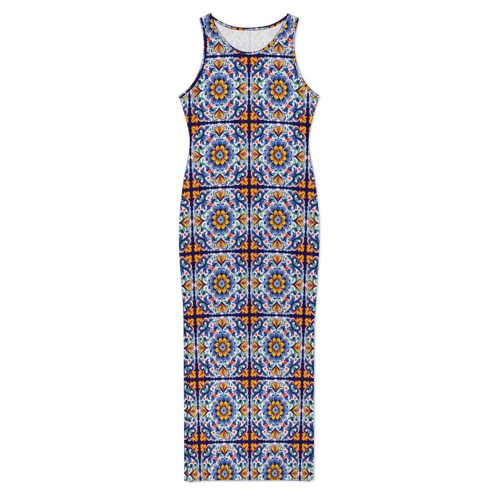 Baha Ranch Colores de Mexico Talavera Sleeveless Bodycon Side Slit Long Dress