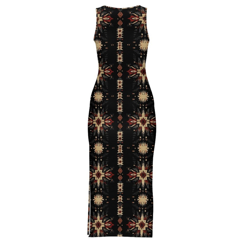 Baha Ranch Black and Tan Aztec Bodycon Side Slit Western Maxi Dress