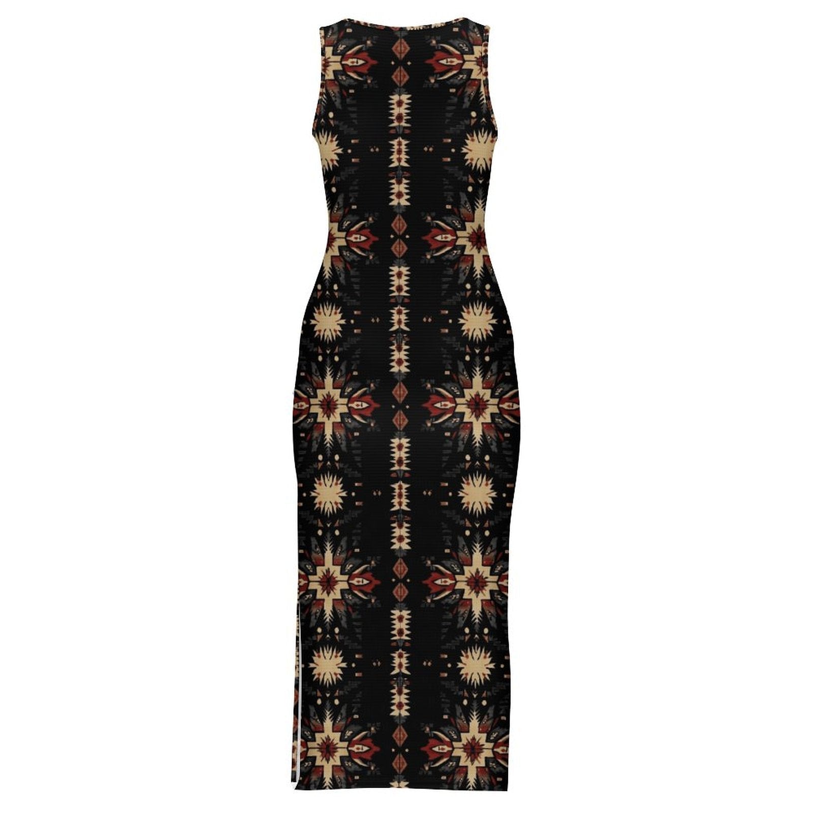 Baha Ranch Black and Tan Aztec Bodycon Side Slit Western Maxi Dress