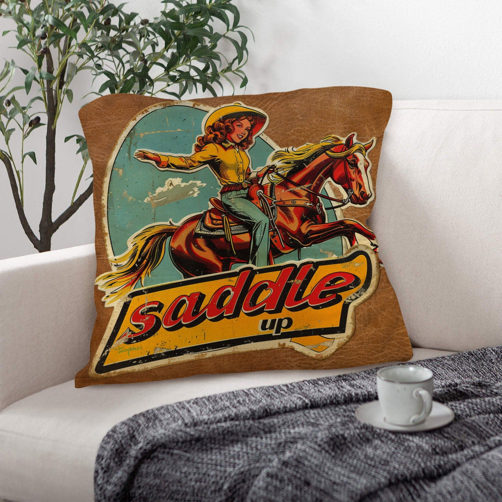 Baha Ranch Saddle Up Vintage Cowgirl Throw Pillow Case 18x18inch Made in America