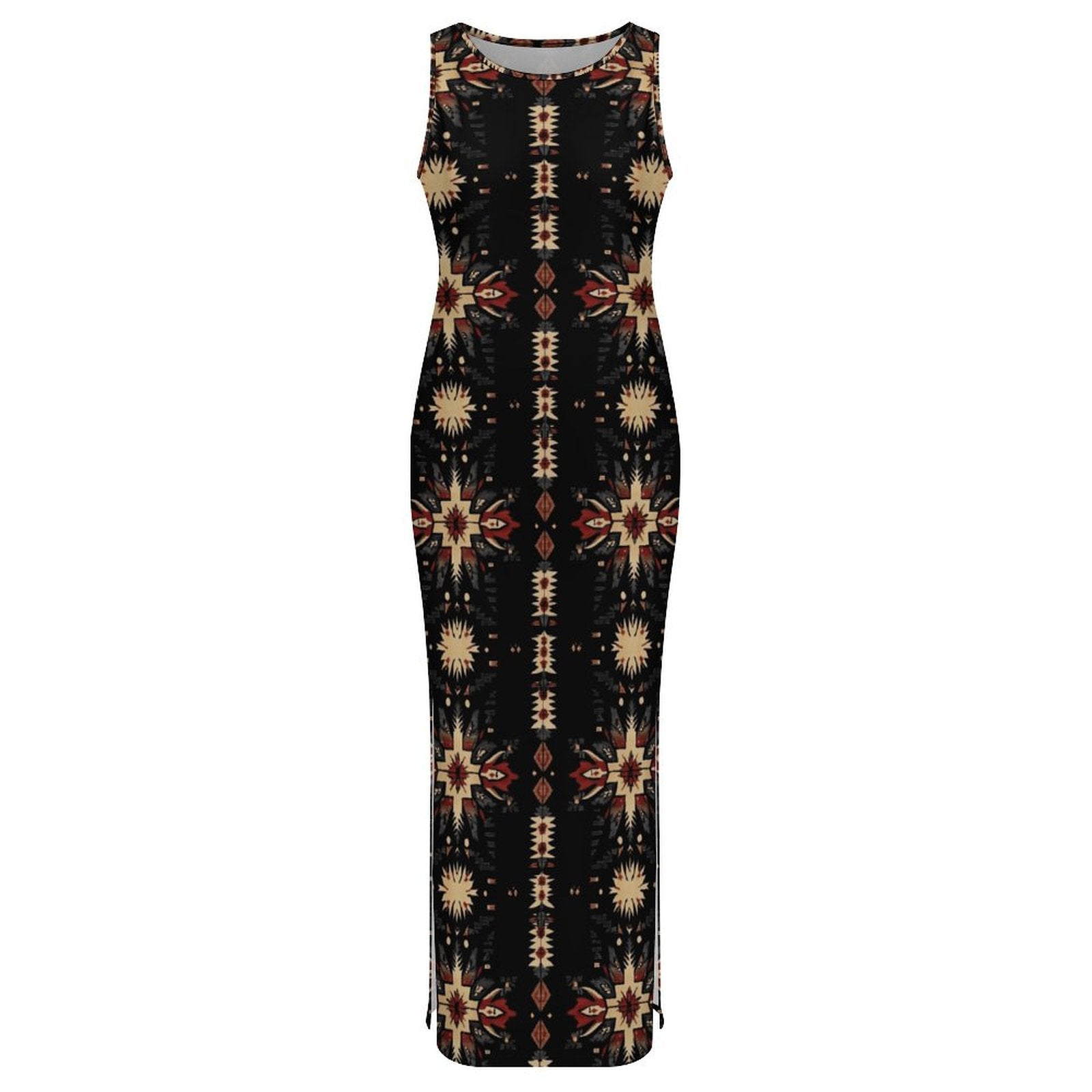 Baha Ranch Black and Tan Aztec Bodycon Side Slit Western Maxi Dress