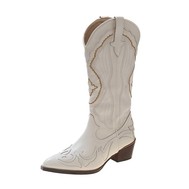 Autumn White Cowgirl Western Long Boots Women Chunky High Heels Pointed Toe Casual Cowboy Knight Mid Calf Boots Shoes Woman