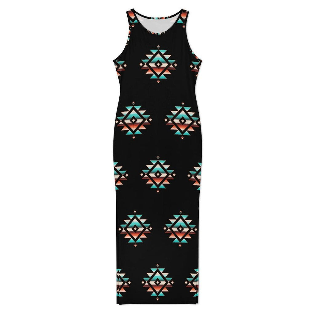 Baha Ranch Southwestern Aztec Sleeveless Bodycon Side Slit Western Maxi Dress